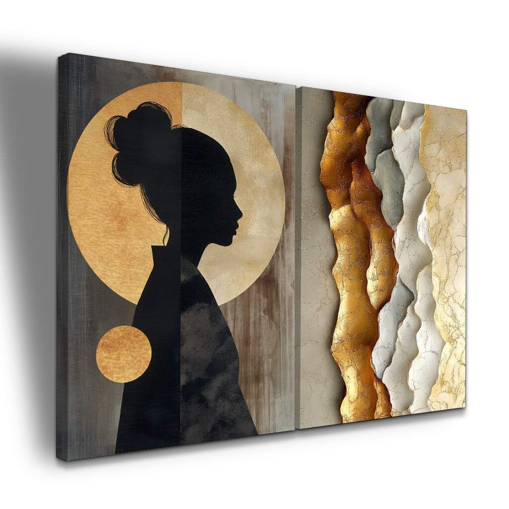 Dupla de Quadros Arte Feminina Minimalista em Tons Dourados e Terrosos, Escolha a Medida (LxA): dupla-80x120cm-cada.jpg, Escolha a Moldura: borda-infinita--sem-moldura-.jpg
