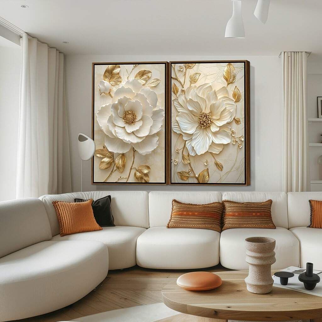 Dupla de Quadros Arte Floral com Detalhes Dourados