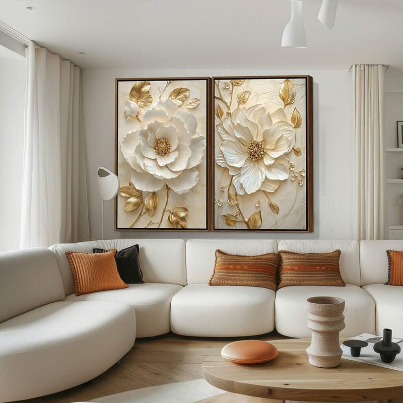 Dupla de Quadros Arte Floral com Detalhes Dourados