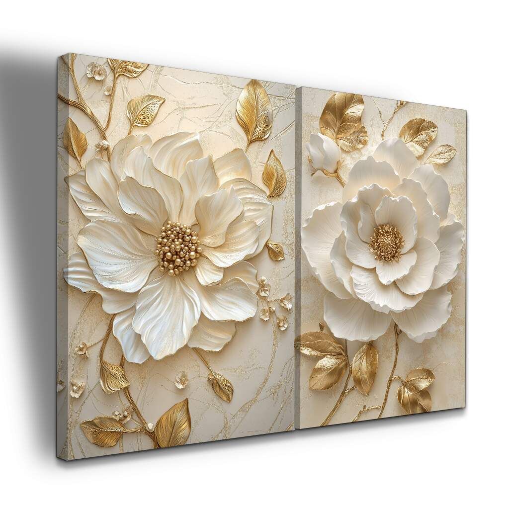 Dupla de Quadros Arte Floral com Detalhes Dourados, Escolha a Medida (LxA): dupla-50x70cm-cada.jpg, Escolha a Moldura: borda-infinita--sem-moldura-.jpg