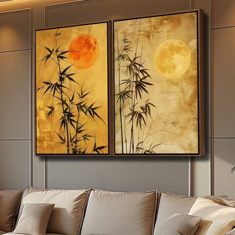 Dupla de Quadros Arte de Bambu com Lua Cheia - Pintura Oriental em Tons Dourados