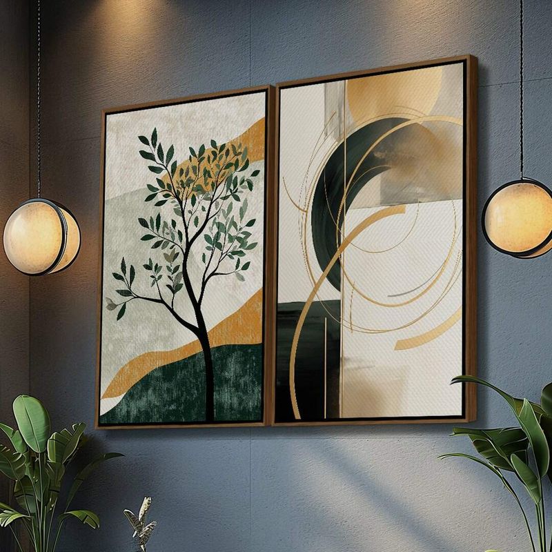 Dupla de Quadros Árvore Abstrata Moderna com Elementos Naturais Tons Terrosos