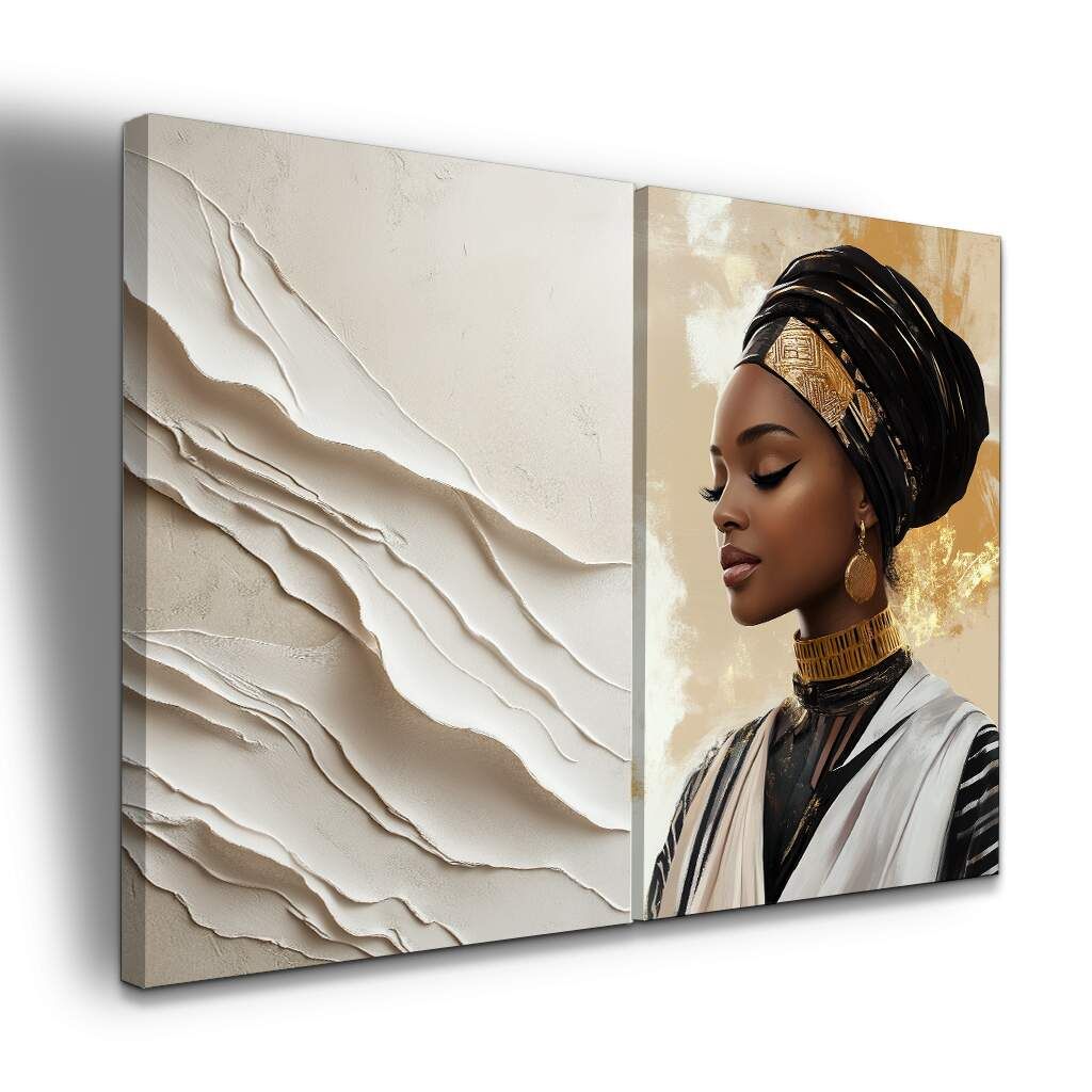 Dupla de Quadros Beleza Africana e Abstrato Orgânico Arte Contemporânea com Elegância Étnica, Escolha a Medida (LxA): dupla-60x90cm-cada.jpg, Escolha a Moldura: borda-infinita--sem-moldura-.jpg