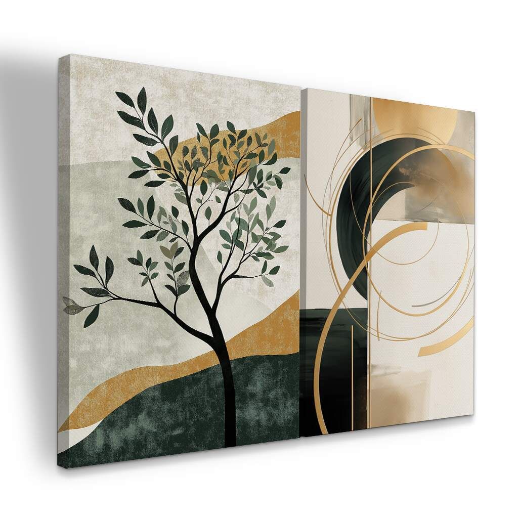 Dupla de Quadros Árvore Abstrata Moderna com Elementos Naturais Tons Terrosos, Escolha a Medida (LxA): dupla-60x90cm-cada.jpg, Escolha a Moldura: borda-infinita--sem-moldura-.jpg