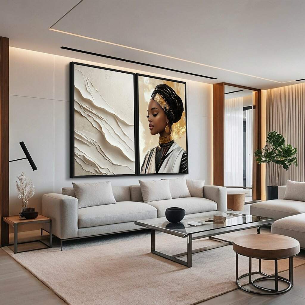 Dupla de Quadros Beleza Africana e Abstrato Orgânico Arte Contemporânea com Elegância Étnica