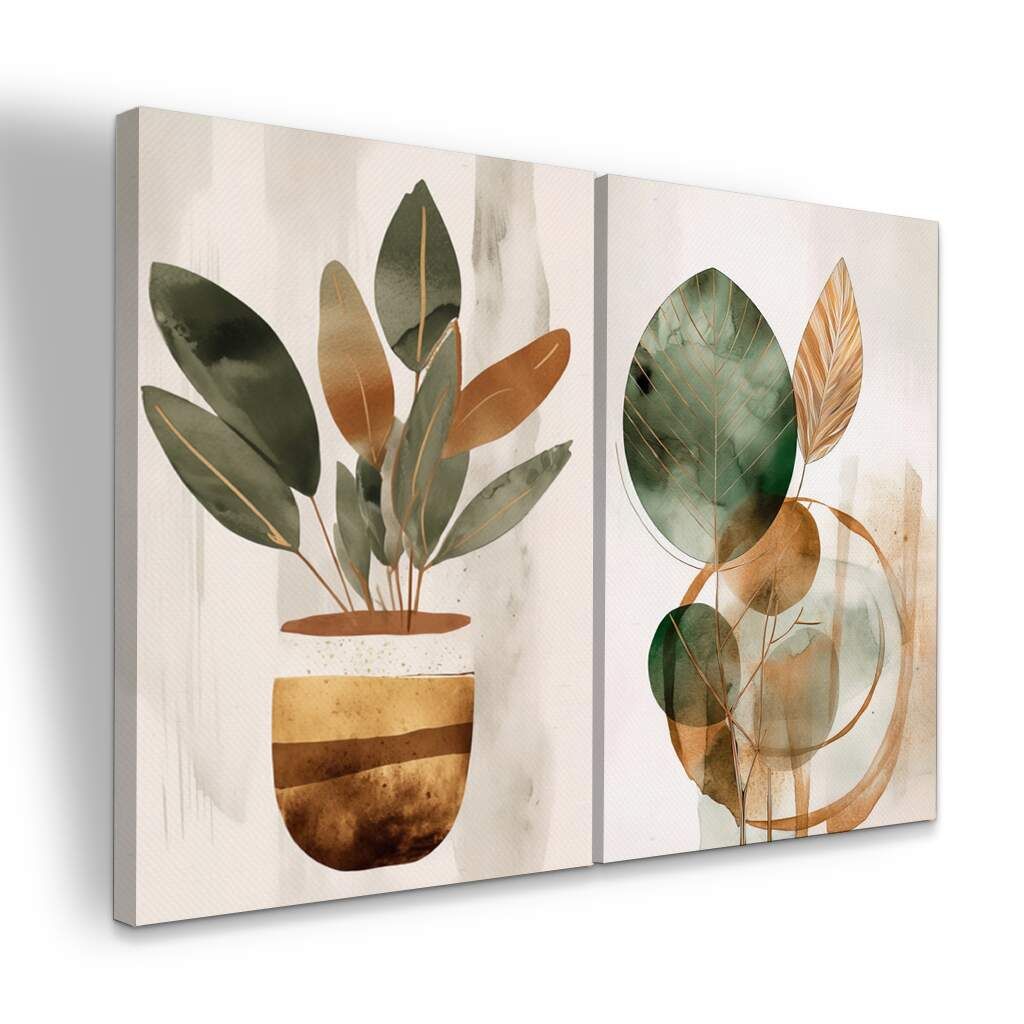 Dupla de Quadros Boho Folhas Arte Moderna Abstrata, Escolha a Medida (LxA): dupla-60x90cm-cada.jpg, Escolha a Moldura: borda-infinita--sem-moldura-.jpg