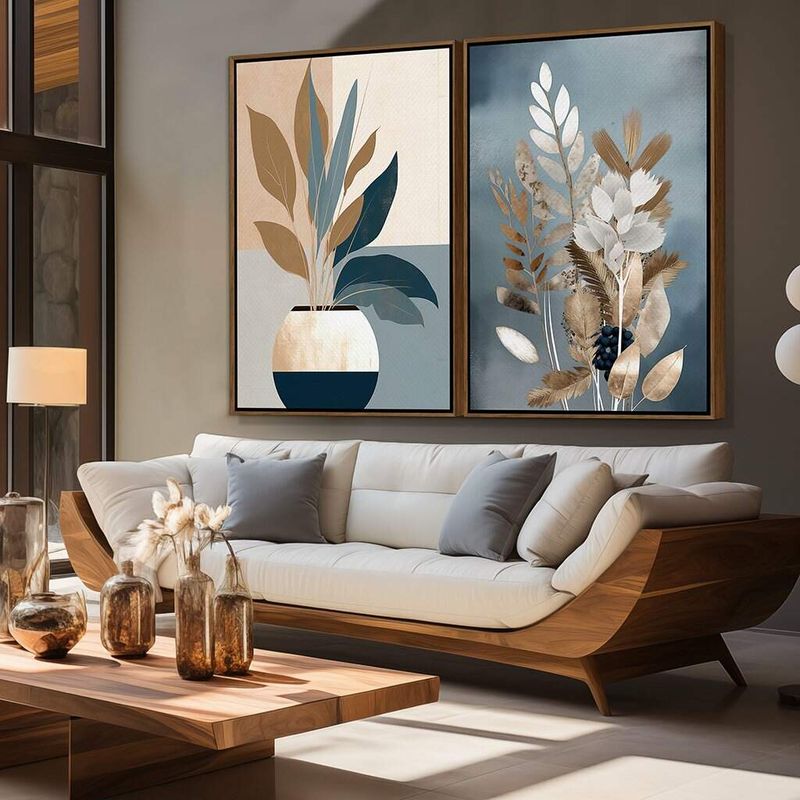 Dupla de Quadros Boho Abstrato Moderno Tons de Azul