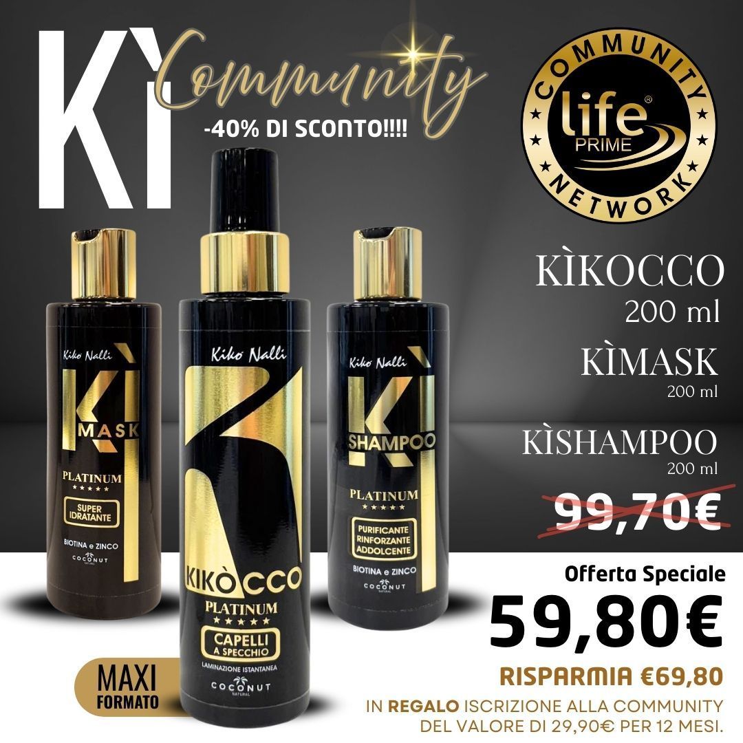 OFFERTA - Kikócco 200ml, KìShampoo 200 ml, KìMask 200ml + IN REGALO ISCRIZIONE ALLA COMMUNITY DEL VALORE DI 29,90€ PER 12 MESI.