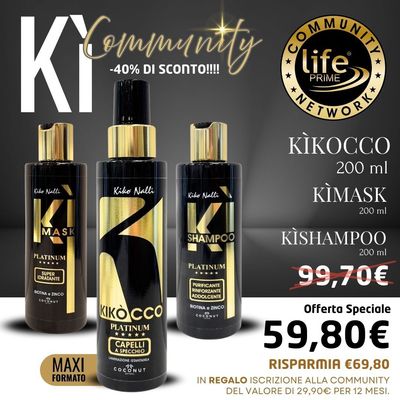 OFFERTA - Kikócco 200ml, KìShampoo 200 ml, KìMask 200ml + IN REGALO ISCRIZIONE ALLA COMMUNITY DEL VALORE DI 29,90€ PER 12 MESI.