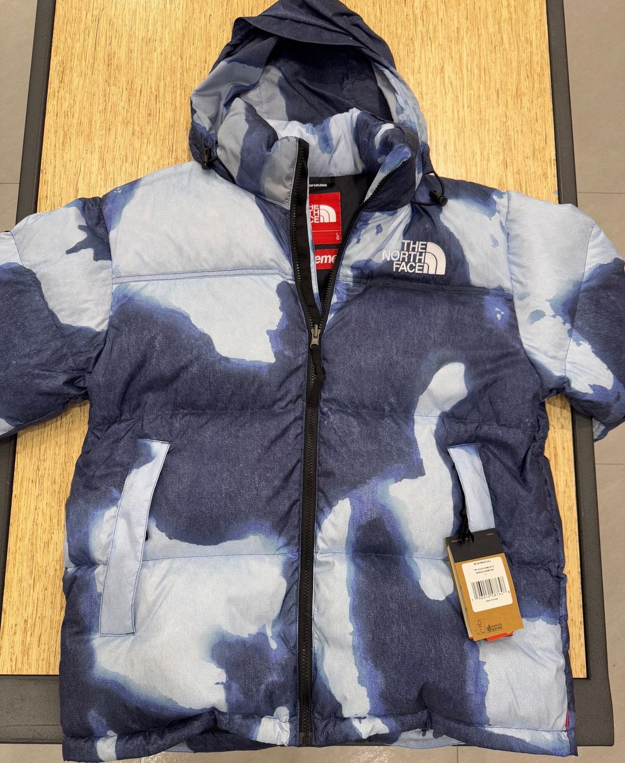 Supreme The North Face Bleached Denim Print Nuptse Jacket