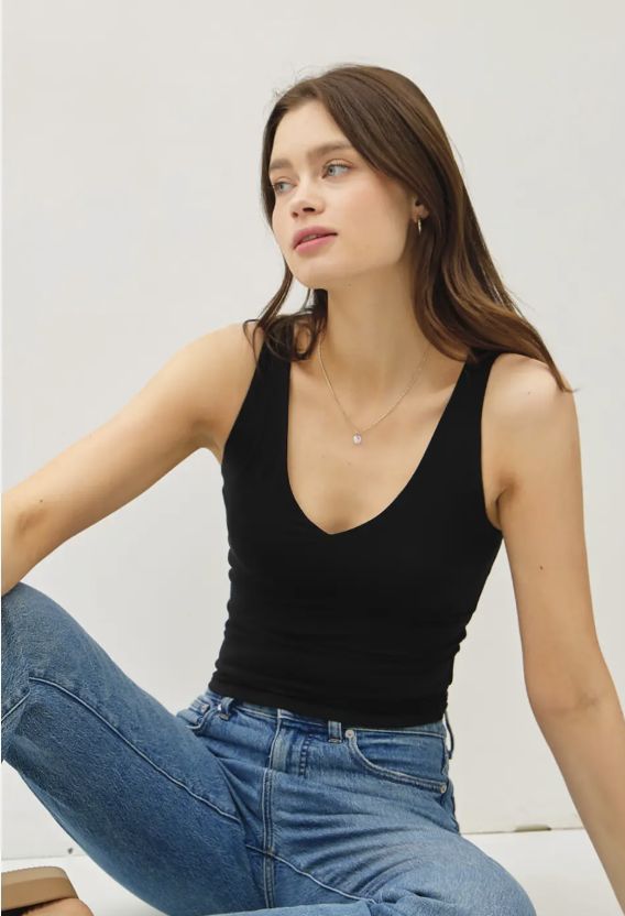 BASIC V-NECK WITH REVERSABLE NECK LINE, Color: BLACK, Size: SM