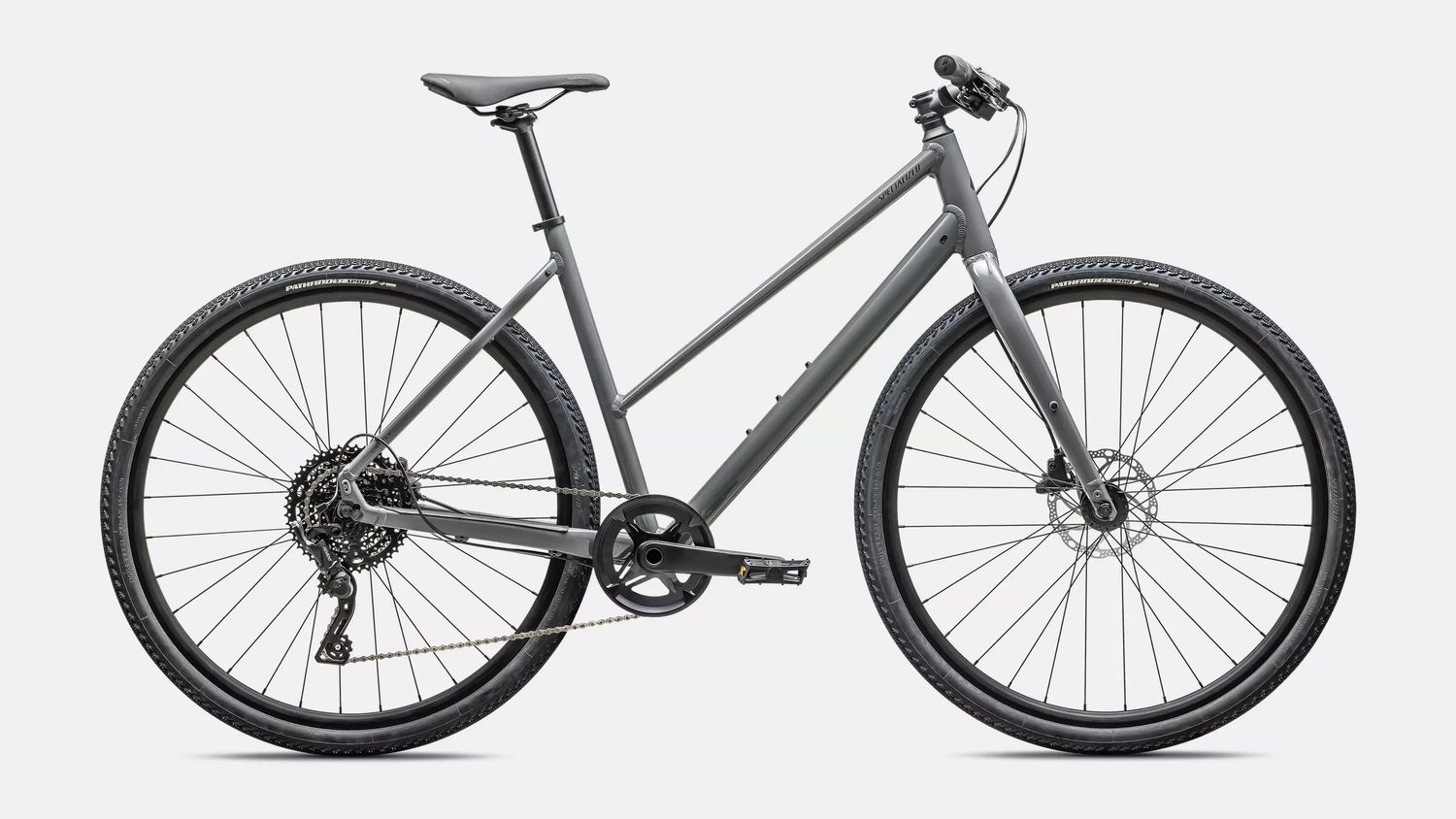 Specialized Sirrus X 3.0 Step-Through, Color: Gloss Ashen Grey / Black Liquid Metal Reflective, Size: SM