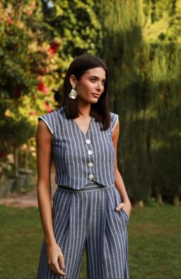 Mouwloos set  gilet en broek in linnen