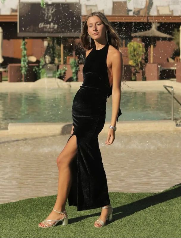 Halter Mina zwarte Lange fluwelen jurk Palace