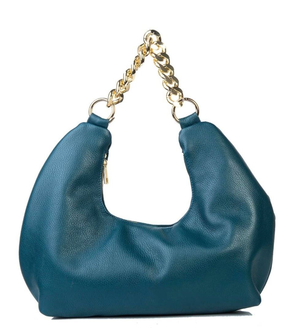 Melania - Leren Schoudertas – Petrolblauw met Gouden Ketting | Made in Italy