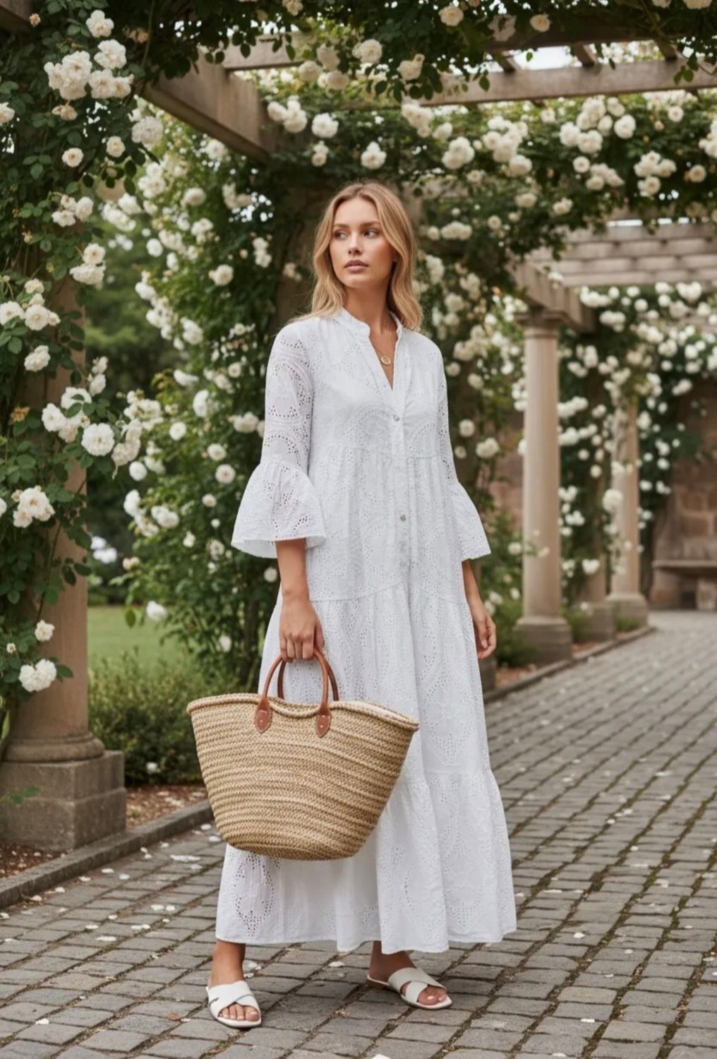 Witte Katoenen Boho Maxi Jurk met Broderie - Elegante Zomerjurk-One size 36-44