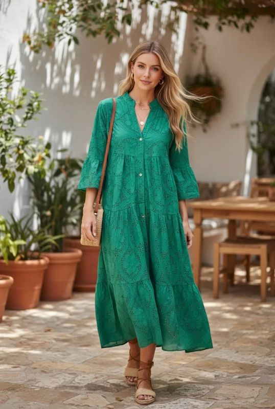 Groene Katoenen Boho Maxi Jurk - Broderie Jurk-One size 36-44