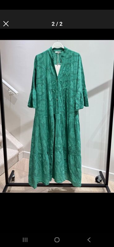 Groene Katoenen Boho Maxi Jurk - Broderie Jurk-One size 36-44