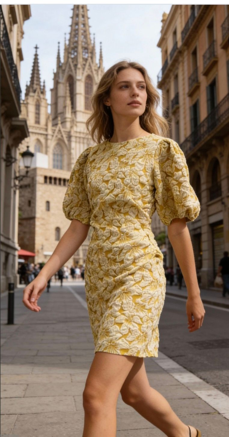 Jacquard jurk in geel mosterde kleur