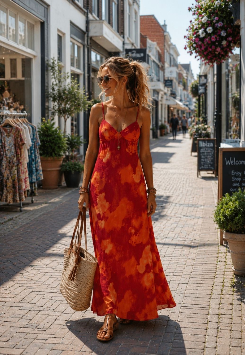 Maxi Jurk met Open Rug – Zomerjurk in Rood-Oranje Print