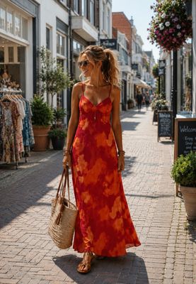 Boho Maxi Jurk met Open Rug – Zomerjurk in Rood-Oranje Print