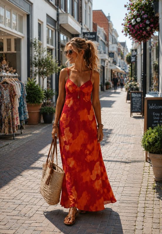 Maxi Jurk met Open Rug – Zomerjurk in Rood-Oranje Print