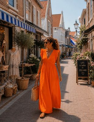 Oranje Boho Maxi Jurk met Volantmouwen-Zomerse Elegantie 