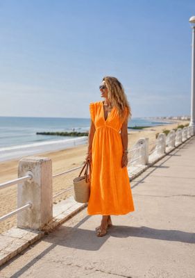 Oranje Boho Maxi Jurk met Volantmouwen-Zomerse Elegantie 