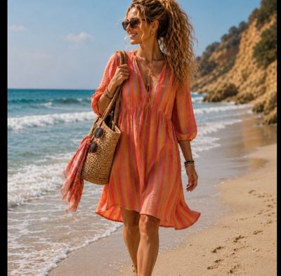 Oranje gestreepte Katoenen Jurk – Roze, Oranje &amp; Geel-Zomerse Boho Jurk One size