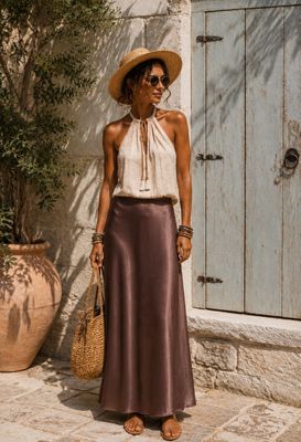 Chocoladebruine Satijnen Maxi Rok – Elegante Boho Chic Rok 