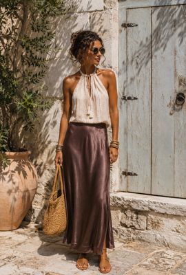 Chocoladebruine Satijnen Maxi Rok – Elegante Boho Chic Rok 