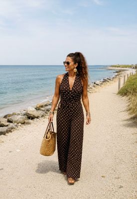 Elegante jumpsuit  Iin choco met witte stippenprint