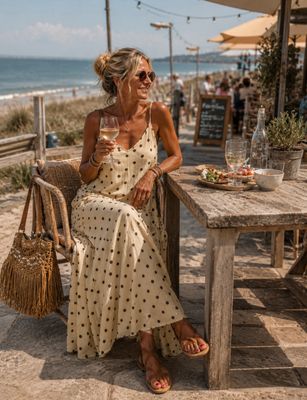 Viscose botergele maxi jurk met choco stippenprint boho chic one size