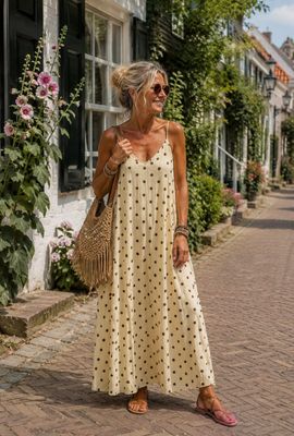 Viscose botergele maxi jurk met choco stippenprint boho chic one size