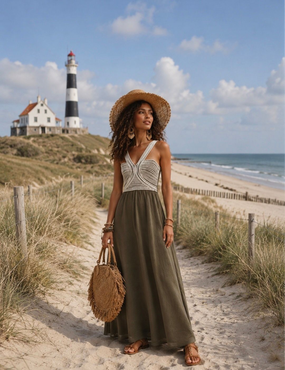 Kaki Maxi Jurk met Gehaakt Detail – Elegante katoenen-Zomerjurk