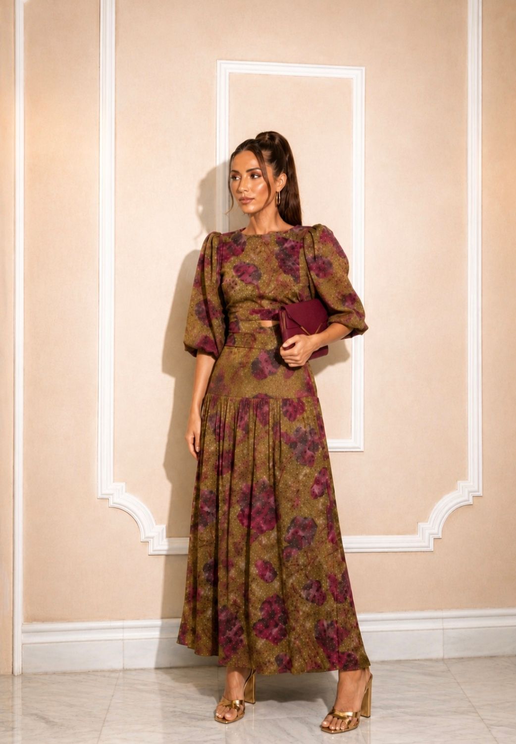 Isabella Spaanse Maxi Set – Olijfgroen &amp; Bordeaux