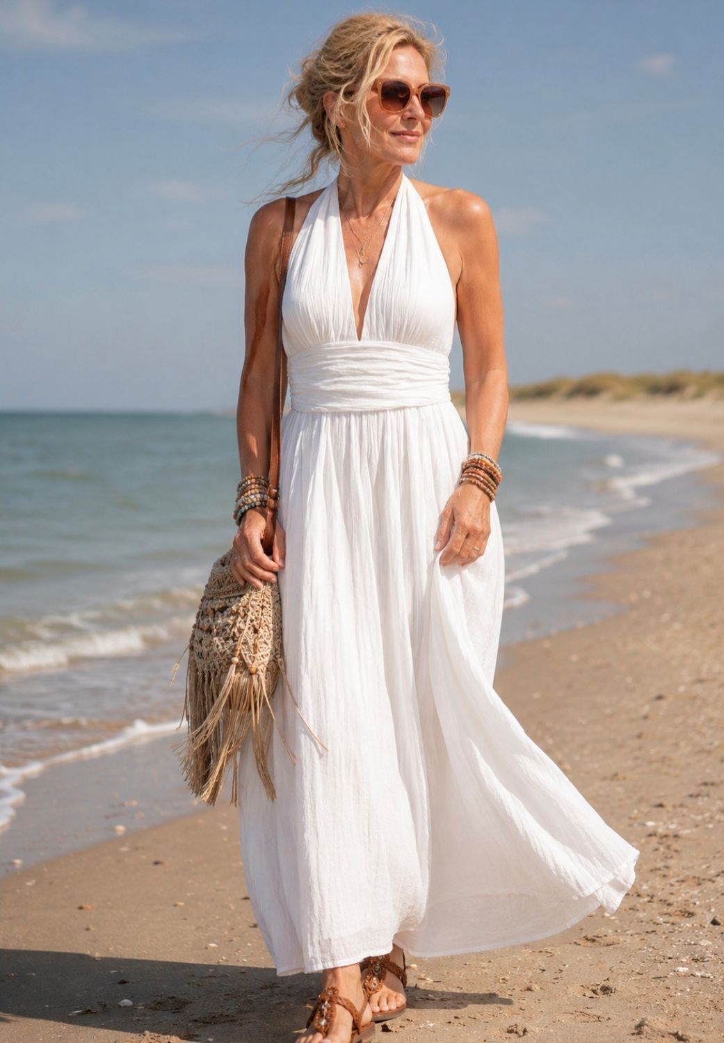 Witte halter maxi Jurk Katoenmix-Elegante Zomerjurk
