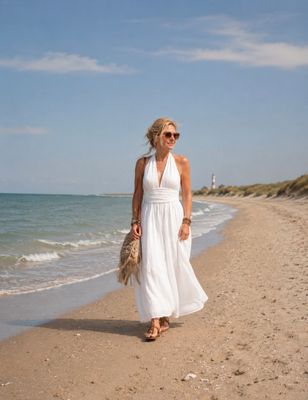 Witte halter maxi Jurk Katoenmix-Elegante Zomerjurk