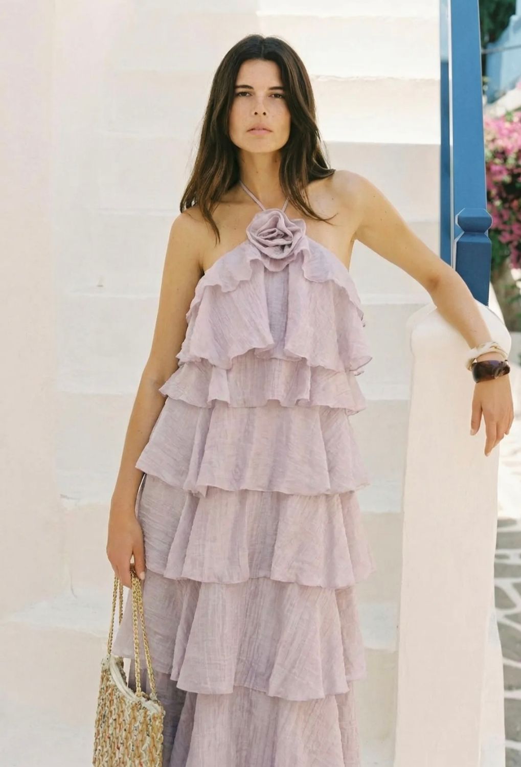 Elegante lange jurk in pastel kleure