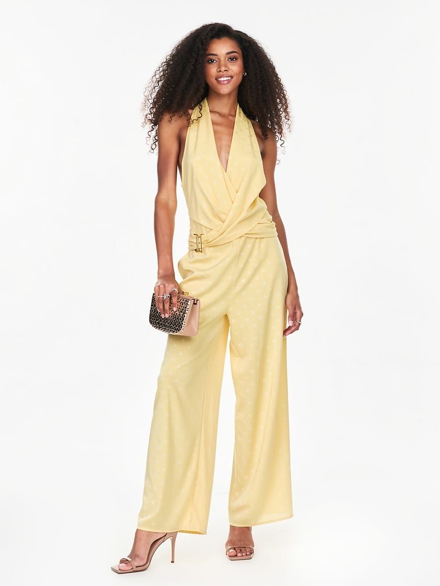 Botergeel jumpsuit met stippenprint