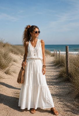Witte Katoenen Boho Maxi Rok met Kantdetails