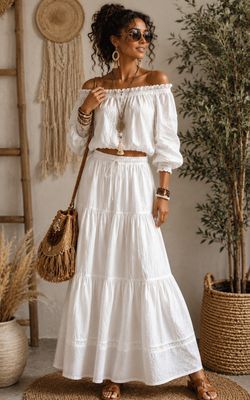 Witte Katoenen Boho Maxi Rok met Kantdetails