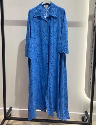 Katoenen Broderie Maxi Jurk Blauw-Luchtige Zomerjurk-One size 36-44