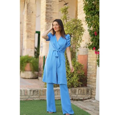 Elegante Blauwe broekpak,Tuniek &amp; Broek Set, tot maat 52