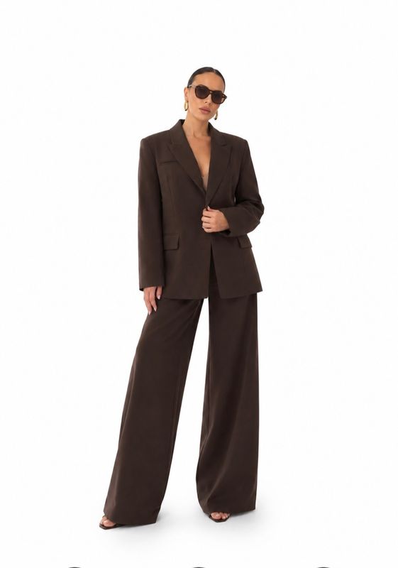Set - Geheel - Damespak Chocoladebruin – Elegante Blazer &amp; Wijde Pantalon