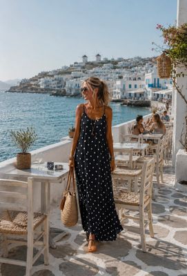 Zwarte Maxi Jurk met Witte Stippen – Polyester &amp; Elastan - Boho Zomerjurk one size
