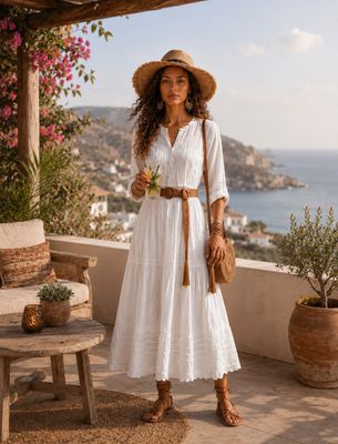 Witte Katoenen Boho Maxi Jurk met Mouwen-Elegante Zomerjurk