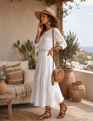 Witte Katoenen Boho Maxi Jurk met Mouwen-Elegante Zomerjurk