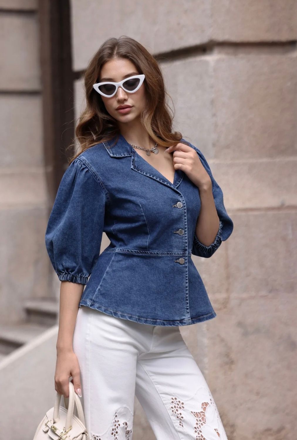 Denim hemd met korte mouwen en knopen