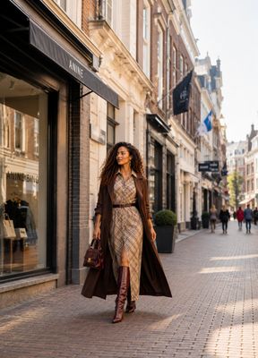 Maria - Geruite Jurk – Beige &amp; Choco
